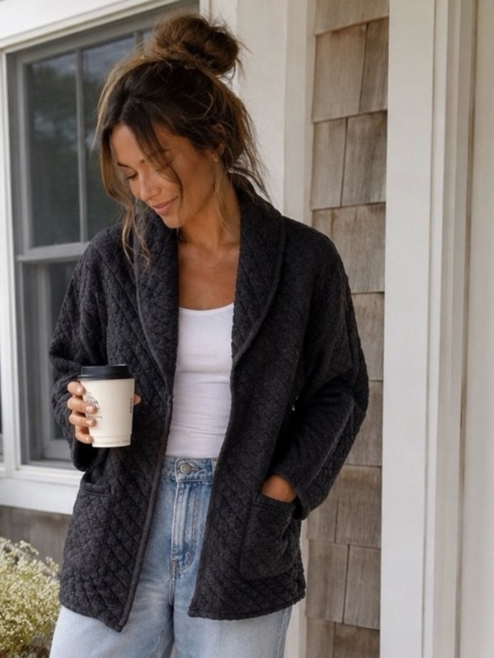 Marine Layer Quilted Shawl Cardigan Jacket | XS | Charcoal Heather